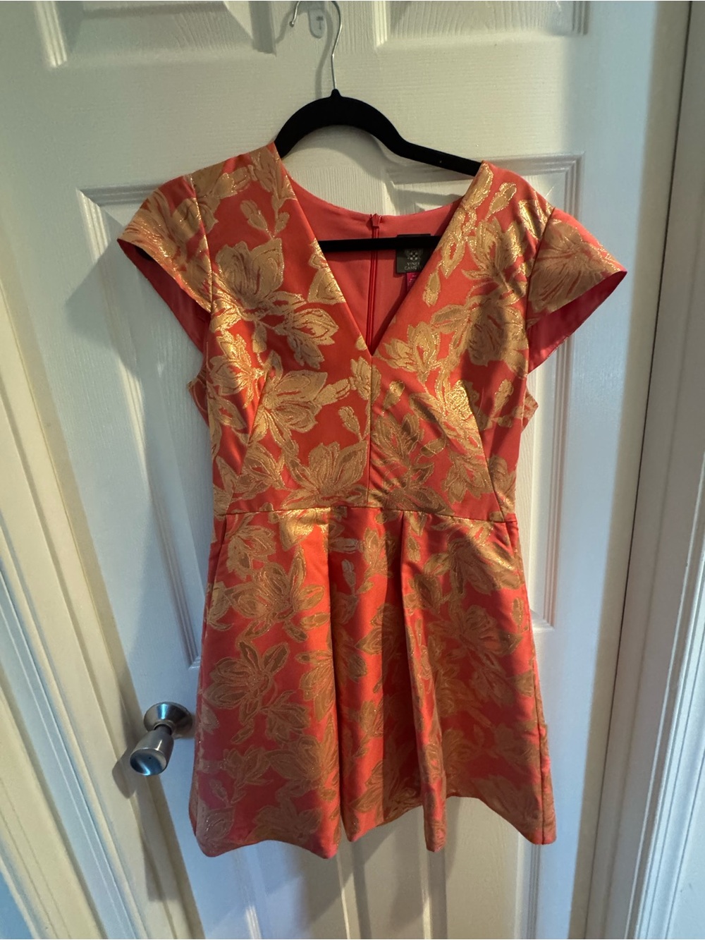 Vince Camuto Coral Orange Dress with Gold Floral Jacquard
